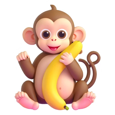 ultra cute baby monkey with enormous adorable eyes peeling a banana, pastel colors sticker