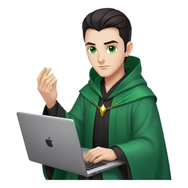 male wizzard with dark hair, slick back hairstyle, green eyes, dark robe green aura coding on laptop sticker