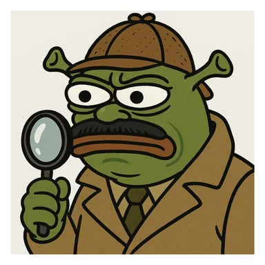 Make this cursed Shrek even more cursed, turning him into a detective searching for clues. Add a detective hat, trench coat, magnifying glass, and a suspicious expression. Emphasize unsettling, bizarre, and grotesque features in the style of Pepe the Frog meme style. sticker