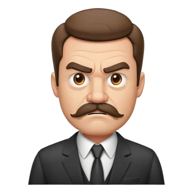 A grumpy cartoon man with a bushy mustache and angry expression, wearing a business suit sticker