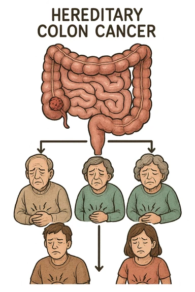 UNA SFILZA DI PARENTI TUTTE MALATE DI CANCRO AL COLON, SI TRAMANDO IL CANCRO NELLE GENERAZIONI, INTESTINO ANATOMICO VISIBILE ED ESPRESSIONE DI DOLORE IN VOLTO, MAL DI PANCIA sticker