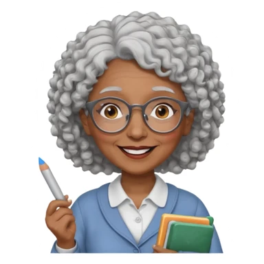 old woman teacher, brown skin, curly grey white hai, wearing glasses, hold chalk on hand sticker