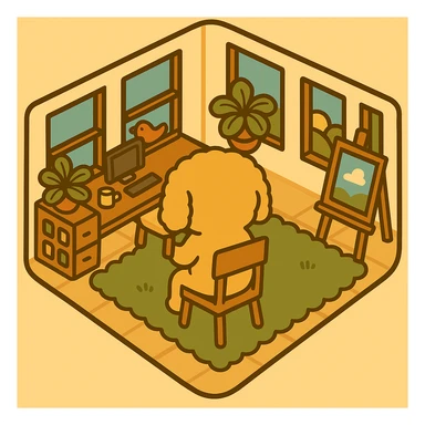 Reposition the dog to be sitting on the chair, facing away, using the computer on the desk, maintaining the original illustration style. sticker