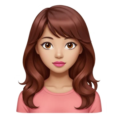 gorgeous woman, light tan skin, dark brown eyes, very long wavy auburn hair, bangs, pink top, coral lipstick, cool, model, mixed asian and latina sticker