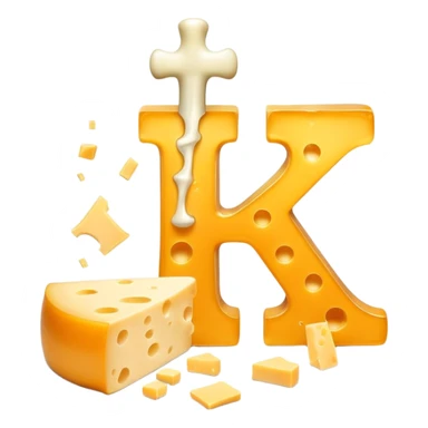 Ethereal vitamin K2 symbol and a glowing bone surrounded by translucent, shimmering pieces of cheese floating in a magical arrangement. Golden rays connect the cheese to the K2 symbol and then to the glowing bone, showing the pathway of nutrients. sticker