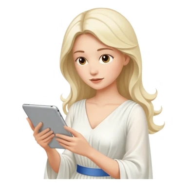 woman in dress reading a tablet sticker