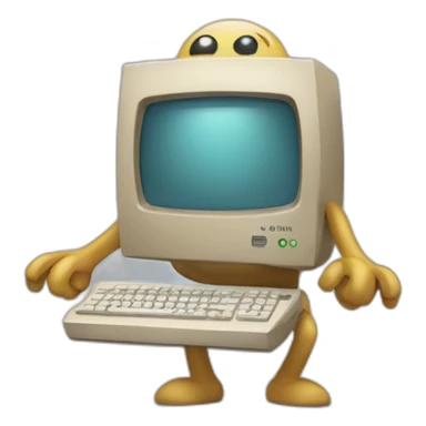 Anthropomorphic computer with arms and legs doing something random sticker