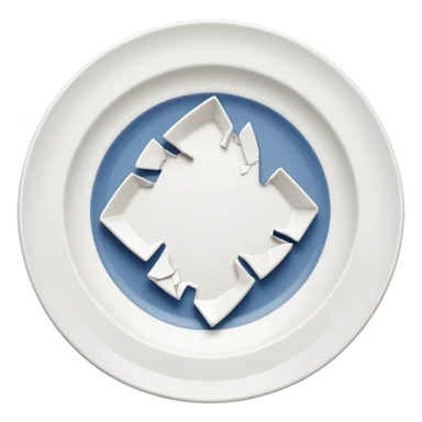 a broken rounded white plate, several piece separated sticker