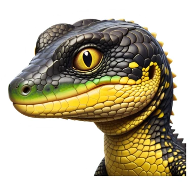 cinematic-realistic-cute-monitor-lizard-portrait-emoji,-head-tilted-playfully-and-inquisitively,-featuring-a-compact,-agile-body-with-finely-detailed,-glossy-scales-in-earthy-black and yellow-hues-and-a-distinct,-alert-face-with-bright,-curious-eyes, black , yellow spotted and green band  scales sticker
