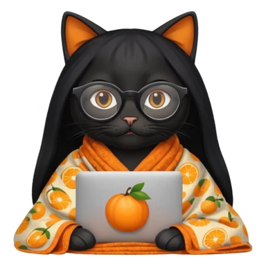 A black female cat working on a MacBook, with long, black straight hair, with round frames and thin glasses, and she wears a blanket with an orange fruit pattern sticker