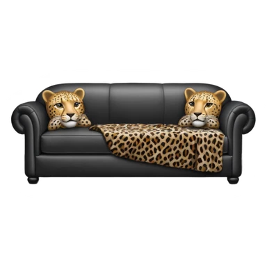 detailed, hyperrealism, still life style, beautiful realistic black leather sofa, with leopard print blanket on the side of sofa, with Grey satin pillows, masterpiece  sticker