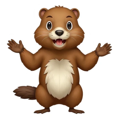  A crazy beaver is standing on its hind legs with its front paws stretched out in front of it. It has a brown fur coat with white fur around its eyes and nose. mouth is open, revealing sharp teeth.  sticker
