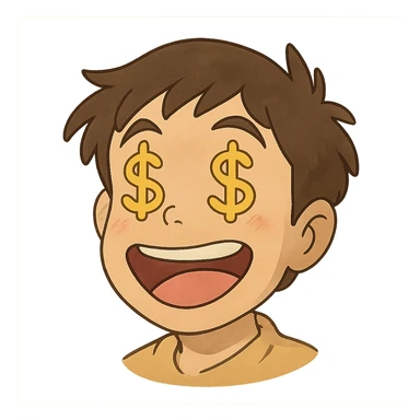 very happy face with dollar signs for eyes sticker