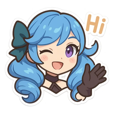 Gwen from League of Legends, chibi style, only head, right eye purple, one hand waving with glove, hi emote, winking, no text sticker