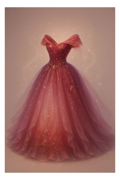 Transform this red ballgown into an even more fancy, ethereal, and mystical dress, combining fantasy and Disney princess elements. Add magical sparkles, flowing layers, and a dreamy, otherworldly aura. Style should reflect a fantasy Disney princess look with ethereal and mystical qualities. sticker