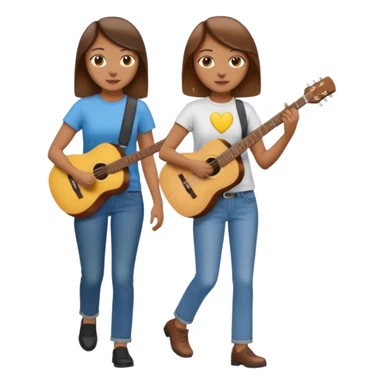 based on emoji style, two people walking together. one is brown-haired woman, wearing business casual, holding a guitar. Another one is a non-binary person, wearing t shirt and jeans, and the second person doesn't have anything on their hands. sticker