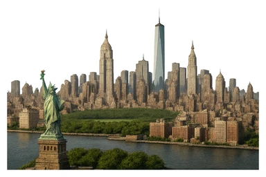 cinematic, realistic emoji of New York City, wide city view with iconic landmarks such as the Statue of Liberty, Empire State Building, One World Trade Center, Chrysler Building, and Central Park, lifelike architectural detail, accurate colors, bright daytime lighting, fully transparent background, no sky, no clouds, no city name label sticker