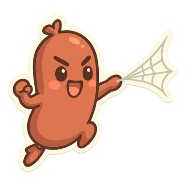 sausage character launching a spiderweb from its end, energetic pose sticker