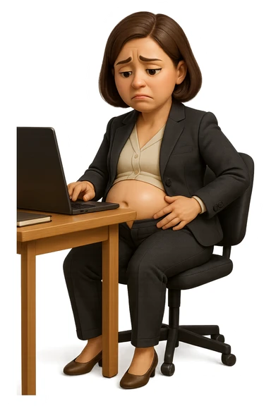 emoji stile iphone di una donna seduta alla scrivania dell'ufficio in completo elegante con i pantaloni sbottonati perché ha la pancia gonfia, falla a corpo intero, iperrealistico 4k sticker