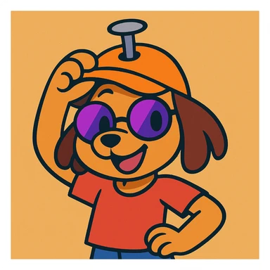 cute puppy girl with a nail hat and half purple sunglasses, smiling and holding the hat up, fun and expressive cartoon style sticker