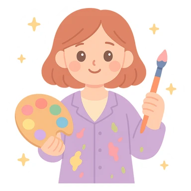 Serene female oil painter, Caucasian features, shoulder-length auburn hair, soft brown eyes, gentle smile, wearing a violet painter’s smock lightly stained with paint over a beige blouse, holding a wooden palette with vibrant colors in one hand and a brush in the other, waist-up, front-facing sticker