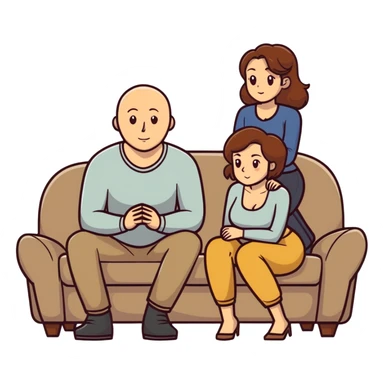 One Caucasian woman with brown hair big boobs wearing pants sitting on a couch with a bald man. Shebis kneeling sticker