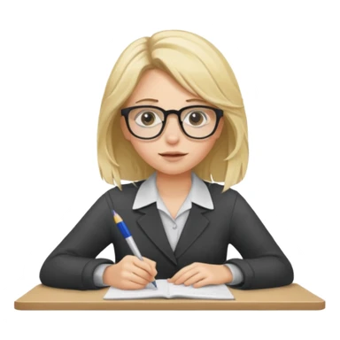 young blonde disheveled hair woman is writing an exam sticker