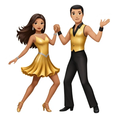 Photorealistic dancesport professional latin couple dancing the samba at the competition dancefloor, the women is in skinny sparkly dress, , the women has brown long hair, the man has short black hair, the man hold woman's hand by his one hand and his second hand is on the women's waist  sticker