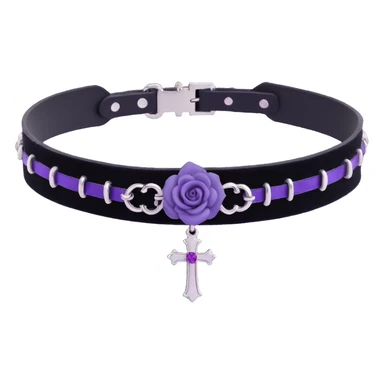 gothic choker with black velvet band, silver cross pendant, purple rose accent, ornate and dark gothic style sticker