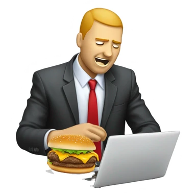 A business man in a suit eating a messy cheeseburger that is dripping onto his laptop like he doesn't care because lunch is more important than work. sticker