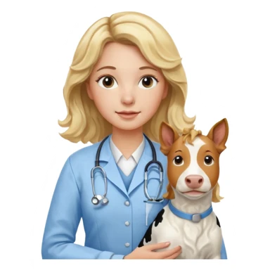Joven mujer, de cabello bajo los hombros rubio con ondas y partidura al medio.  veterinaria de perros, vacas y caballos, con traje clínico celeste, sin delantal blanco sticker