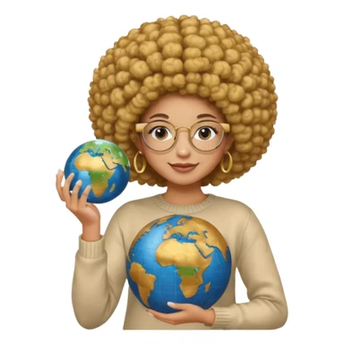 a young woman wearing gold round glasses and afro hair, she has medium/mate skin, she's wearing a sweater and she's holding a globe in her hand sticker
