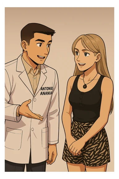 fai un webtoon/manga a colori con questo kinesiologo in camice bianco (fagli la scritta "ANTONIO ANANIA" SUL CAMICE) CHE PARLA CON QUESTA RAGAZZA CON GLI OCCHI AZZURRI. la ragazza gli fa una domanda e IL KINESIOLOGO CON IL CAMICE BIANCO LE risponde. NON FARE I FUMETTI, FAI SOLO LORO COME SE DIALOGASSERO sticker