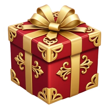 Create a highly polished, 3D game UI–style gift box with a luxurious red and gold theme. gift box ,The square box features deep crimson-red panels with ornate gold metallic trim and filigree details along the edges.  sticker