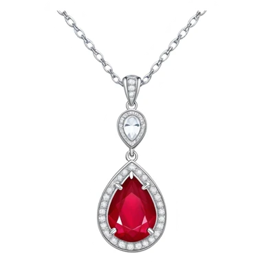 teardrop ruby pendant with silver chain and white stones, glowing with passion and renewal sticker