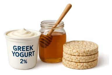 Yogurt Greco 2%
Miele
Gallette di Riso
vista frontale, iperrealistico 4k sticker