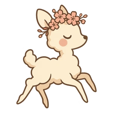vanilla-colored cloud doe with rosy cheeks, cherry blossom crown, floating gracefully with witch-like elegance, brand identity mascot for social media sticker