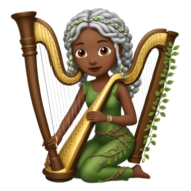 forest emoji character, dark skin woman with silver braids playing harp made of vines sticker