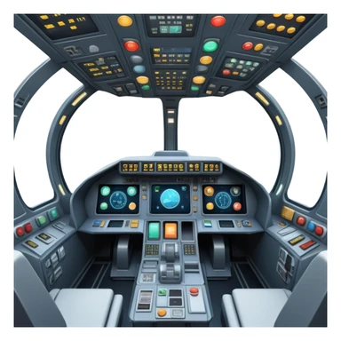 first person view inside spaceship cockpit with control panel and space visible through windshield sticker