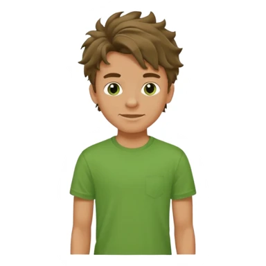 A teenage boy, tanned, wearing a green t-shirt , blue jeans and green sneakers with brown wavy tousled hair, smirking sticker