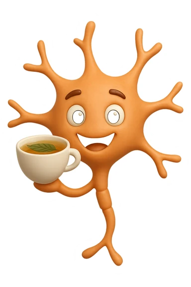 emoji stile iphone 3d di un neurone che fluttua in aria insieme ad un tè alle erbe, iperrealistico 4k sticker