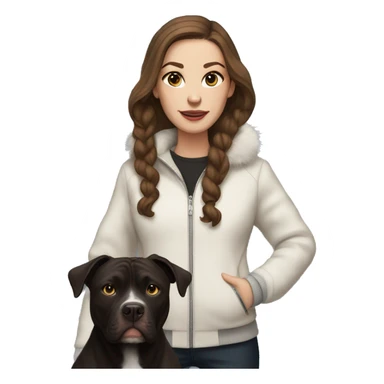 white woman with long brown hair and cat shaped eyes wearing a furry jacket standing alongside a black pitbull  sticker