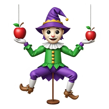 3D render of Jester Puppet as a wooden marionette puppet, Floppy hat, strings on hat, silver metal screw joints at elbows and knees, polished brown wood texture, rigid toy pose, Apple emoji style, isolated on white background --v 6.0. sticker
