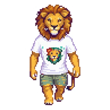 retro 1950s anthropomorphised lion in a t-shirt and shorts walking sticker