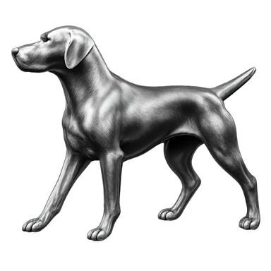               Apply a high-end, photorealistic metallic chrome material to the provided {subject}. The material should have a smooth, slightly curved surface with subtle reflections and soft shadows, resembling brushed or polished silver metal. Preserve the exact shape, proportions, and design of the original object. Set it against a solid black background (#000000) in 8K resolution. The lighting should enhance the beveled edges and reflective highlights, creating a sleek, premium finish. {subject} = dog pointing left sticker