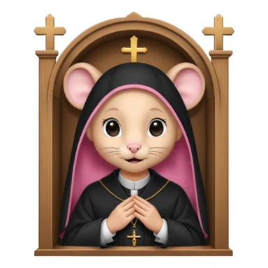 A female pink catholic rat in a confession booth with a priest sticker