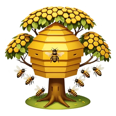 A small hive nestled between tree branches with worker bees. sticker