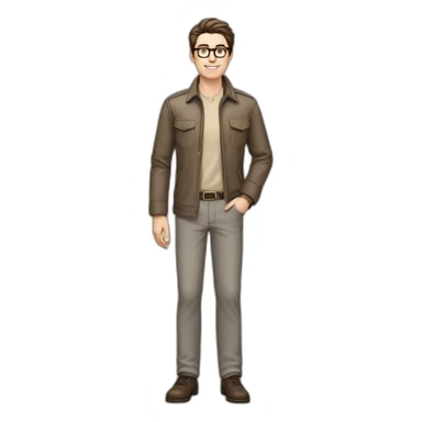 Full height Pale skinned Fit Man With dark brown hair in gray classic jacket, beige office shirt, Brown pants and vintage glasses. Thrumbs of his palms upwards sticker