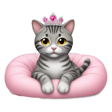 gray tabby sitting on pink pillow wearing pink gem tiara  sticker
