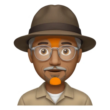 Brown man with wide rimmed hat no hair, but gray goatee, clear glasses and slightly smiling sticker